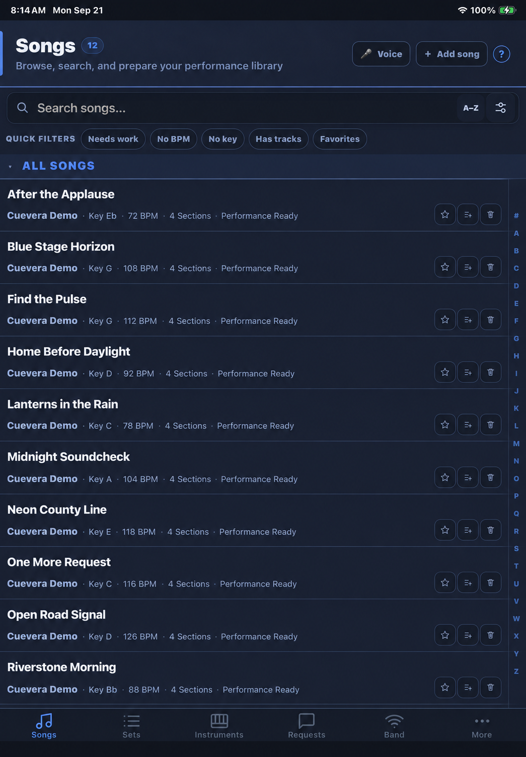 Current Cuevera Songs library showing downloadable Cuevera sample songs with keys, tempos, sections, and readiness status